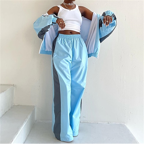 Damen Trainingsanzug Jogginganzug Sportbekleidungsset Tasche Farbblock Kombination Herbst Winter gelb fluoreszierend Himmelblau Fitnessstudio Training Sport Thermowarm Winddicht Weich Langarm Sport Image