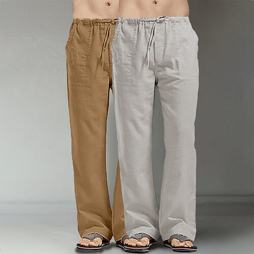 Herren Leinenhosen Hose Sommerhose Baggy-Hosen Strandhose Kordelzug Tasche Gerader Schnitt Einfach Komfort Atmungsaktiv Volle Länge Täglich Streetwear Mode Lässig / Sportlich Lässiger Schnitt Image