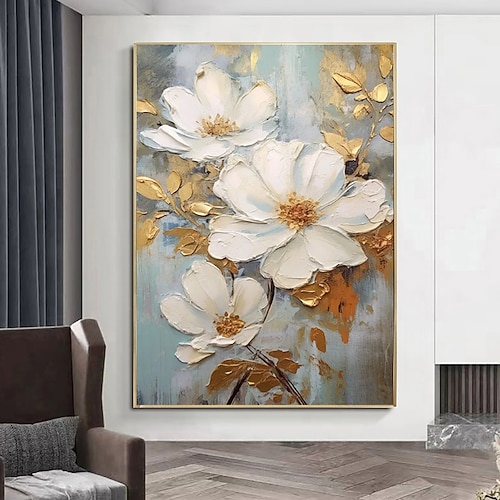 handgefertigtes Ölgemälde auf Leinwand, Wandkunst, Dekoration, abstrakte goldene Blätter, große weiße Blumen für die Inneneinrichtung, gespannter Rahmen, hängendes Gemälde/gerolltes rahmenloses, Image