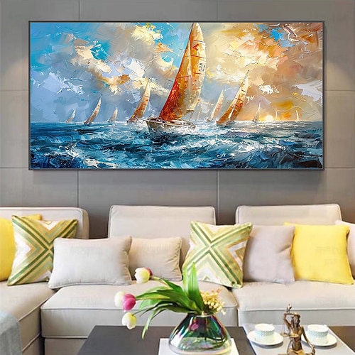 Mintura handgefertigte abstrakte Ölgemälde auf Leinwand, Wandkunst, Dekoration, modernes Schiffslandschaftsbild für die Inneneinrichtung, gerolltes, rahmenloses, ungedehntes Gemälde Image