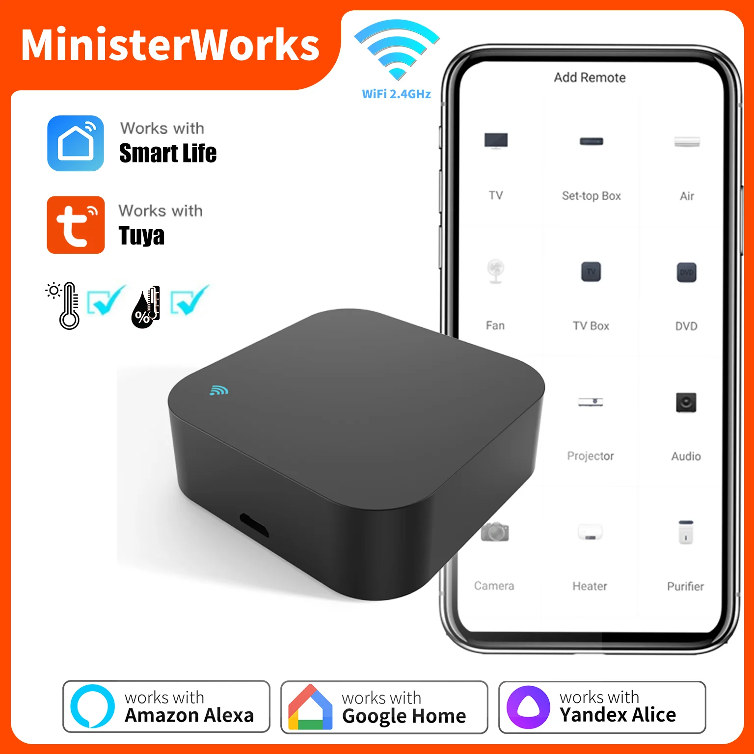 Tuya Smart Universal IR-Fernbedienung mit Temperatur-Feuchtigkeitssensor für Klimaanlage TV AC Funktioniert mit Alexa Google Home Yandex Image
