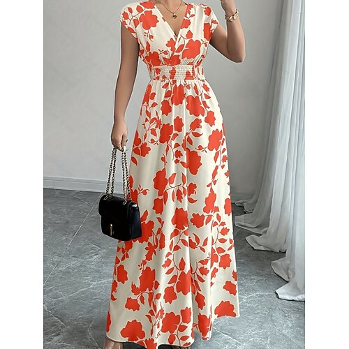 Damen Maxikleid A Linie Kleid Urlaub Lässig Boho Outdoor Ausgehen Standard Passform Blumen Kurzarm V Ausschnitt Schwarz Rote Blau Orange Sommer Image