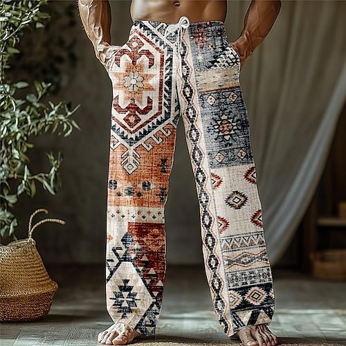 Herren Hose Baggy-Hosen Freizeithose Seitentaschen Elastischer Bund Weites Bein aztekisch Indische Kultur Blumen Volle Länge Outdoor Urlaub Ferien Ethno-Stil Böhmische Khaki Unelastisch