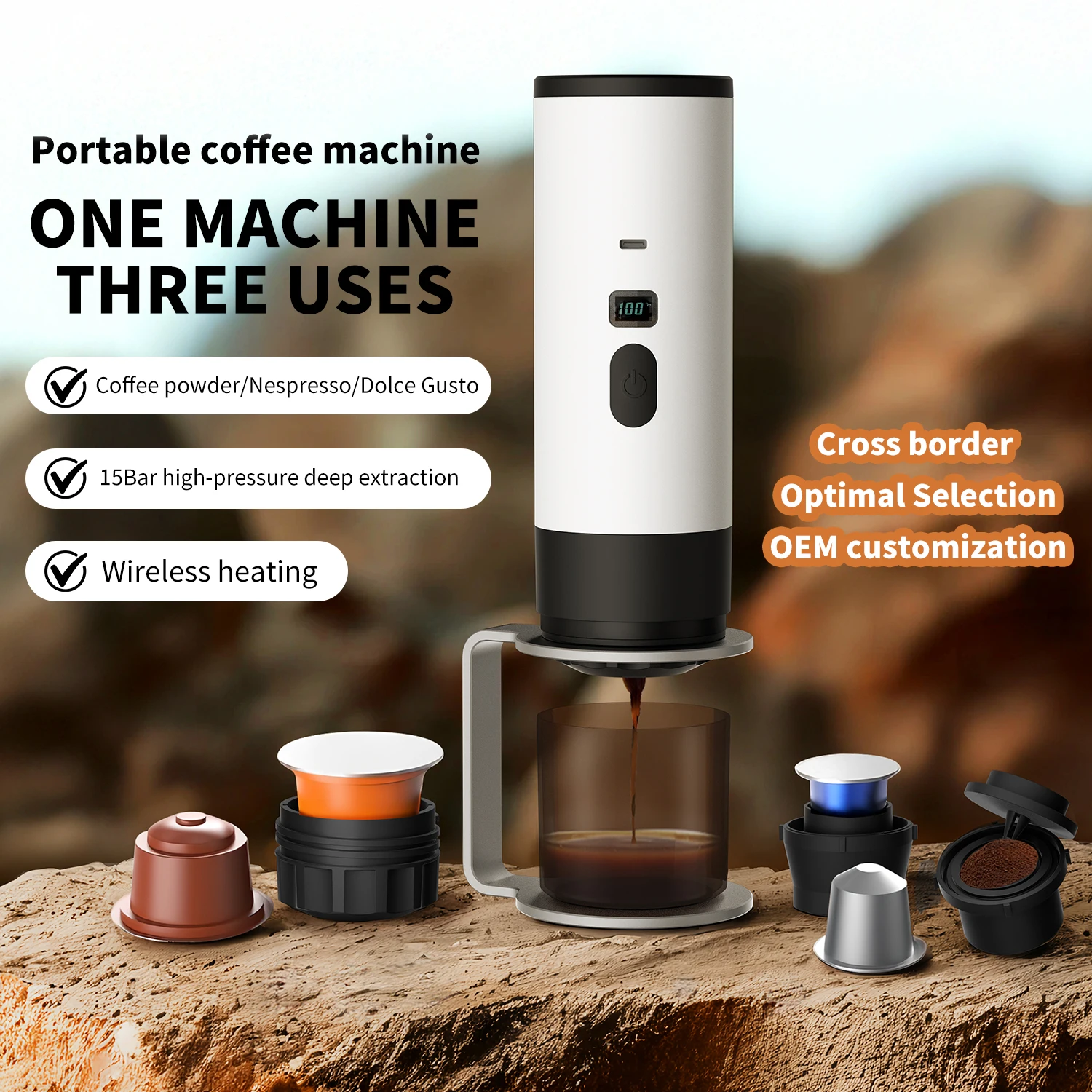 Tragbare elektrische Kaffeemaschine, 3-in-1 Kapsel-Kaffeemühle, Reise-Kaffeemaschine für Auto und Zuhause, Camping, Campany Image