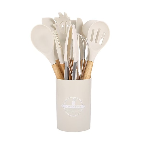 12-teiliges Küchenhelfer-Set aus Silikon, antihaftbeschichtete Kochutensilien inklusive Pfannenwender, Pfannenwender, Zange und Schneebesen, hitzebeständige Kochutensilien aus Silikon zum Backen und Image