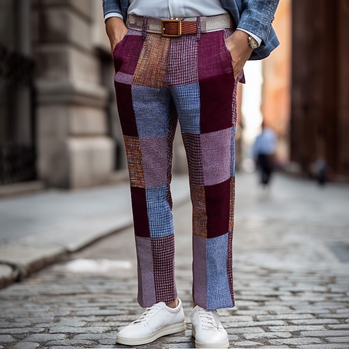 Herren Geometrisch Farbblock Patchwork Anzughose Hose Mittlere Taille Vintage Outdoor Urlaub Normale Passform Flache Front Gerade geschnittene Hose mit Taschen Sommer Frühling Herbst 3D-Druck Wein Image