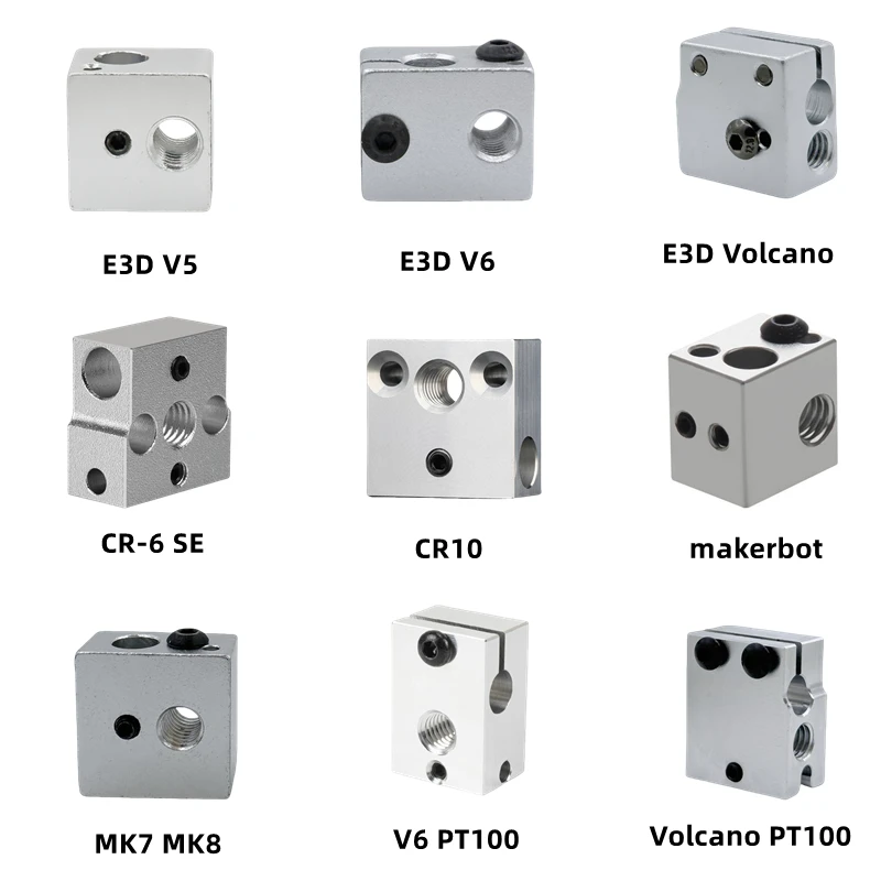 Heizblock E3D V5 V6 MK7 MK8 CR-6 SE Volcano PT100 CR10 Makerbot Aluminium/Messing/Kupfer für 3D-Drucker Extruder Hotend J Kopf Image