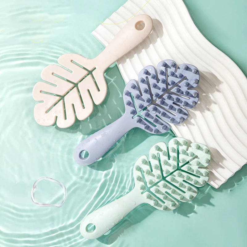 1 Stück Kopfhaut-Massagekamm, Silikon, blattförmiges Shampoo, Bad, Körpermassagebürste, langer Griff, Salonbürste, speziell für Echthaarperücken Image