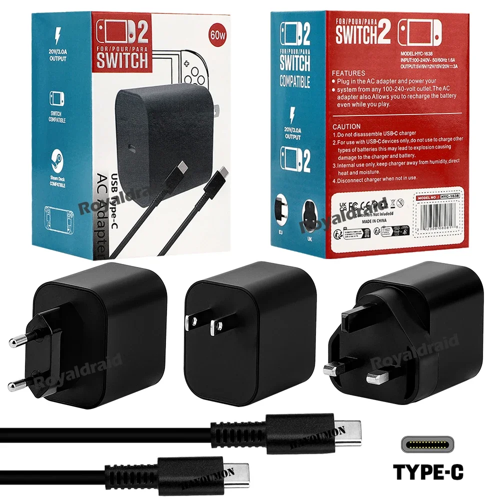 60 W EU US UK AC-Adapter-Ladestecker für Switch 2 2025 20 V/3 A Netzteil mit 1,5 m/5 Fuß USB-Typ-C-Ladekabel, unterstützt TV-Modus Image