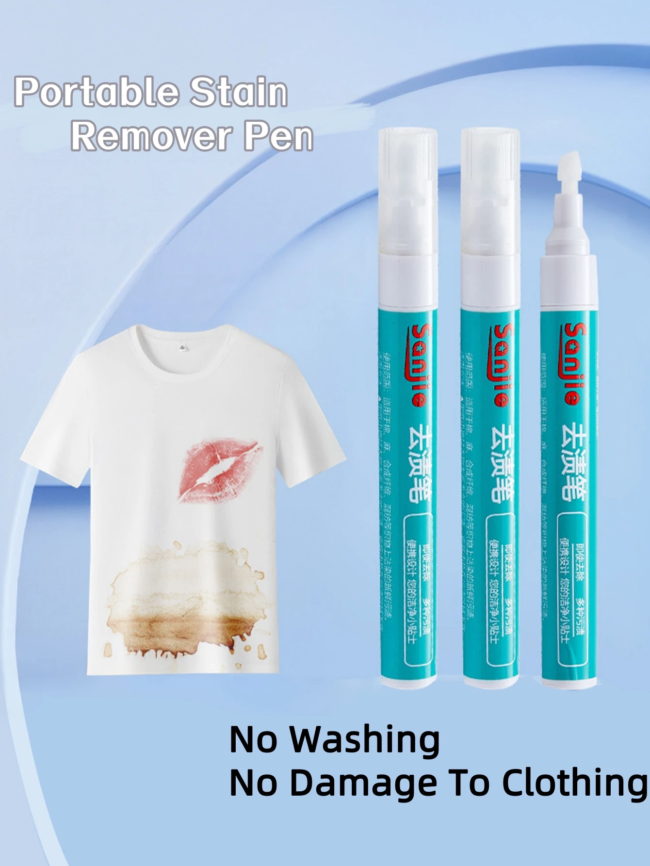 1–3 Stück Kleidungsfleckenentfernungsstift, magischer, waschfreier Kleidungsbleichstift zum Entfernen von Öl, Wein, Kaffee, Tee, Flecken auf T-Shirt Image