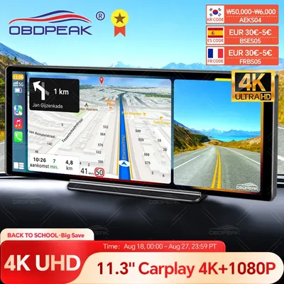 11.3 Inch 4K Wireless CarPlay & Android Auto Dash Cam GPS Navigation Dashboard Dual Lens Video Recorder RearView Mirror Camera