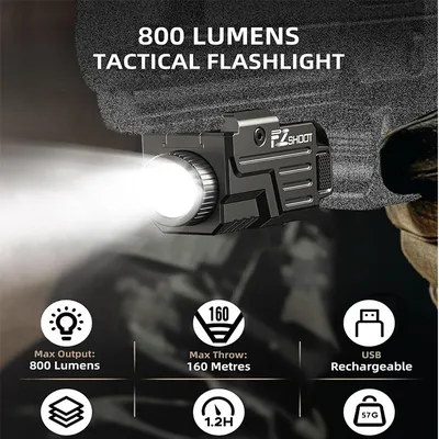 Tactical Flashlight 800 Lumens LED Light with Pistol Picatinny and GL Rails USB Rechargeable Strobe Mode