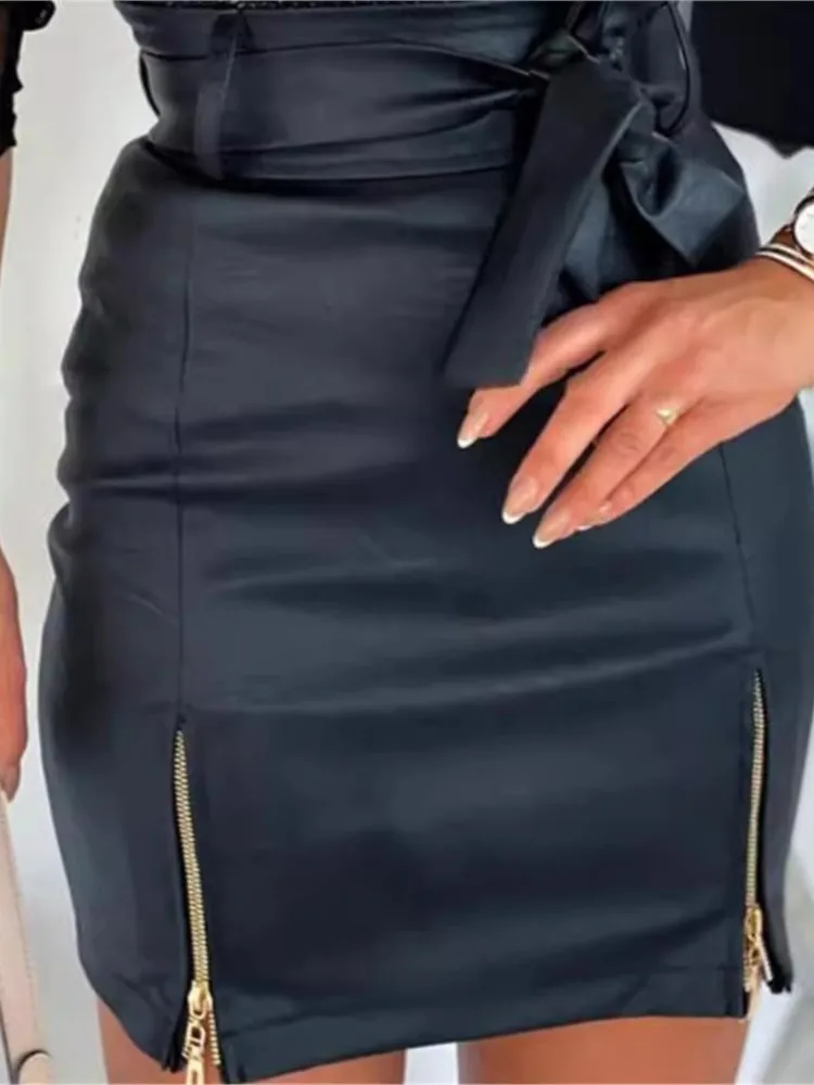 Trendy Einfarbig Schlank Pu Leder Mini Rock Frauen Zipper Hohe Taille Leace-up Sexy Paket Hüfte Röcke Weibliche y2k Streetwear Neue Image