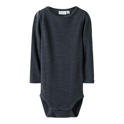Langarmbody NAME IT "NBNWAX WOOL RIB LS BODY NOOS", Baby, Gr. 86, N-Gr, blau (ombre blau), Rippstrick, Obermaterial: 100% Wolle, unifarben, casual, Rundhals, Langarm, Bodies, aus reiner Merinowolle Image