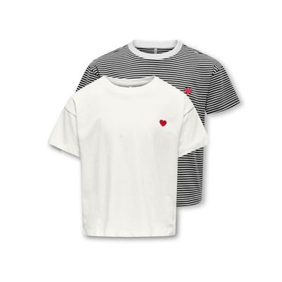 Kurzarmshirt KIDS ONLY "KOGMAIKEN LIFE SS SOL/STR TOP JRS 2-PACK", Mädchen, Gr. 134 (140), cloud dancer pack:sky captain, cloud stripes, rot heart, Jersey, Obermaterial: 100% Baumwolle, gestreift, modisch, Rundhals, Kurzarm, Shirts Image