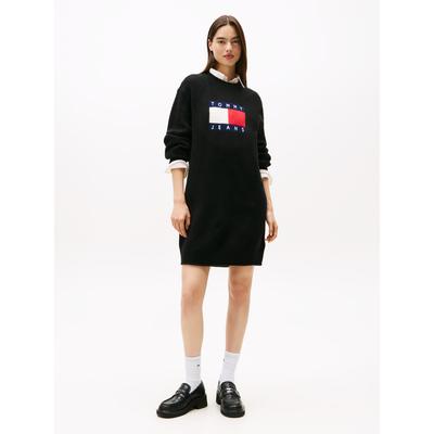 Strickkleid TOMMY JEANS "TJW FLAG SWEATER DRESS EXT", Damen, Gr. XS (34), N-Gr, schwarz (schwarz htr), Feinstrick, Obermaterial: 70% Polyacryl, 23% Polyamid, 5% Wolle, 2% Elasthan, unifarben, casual, Rundhals, Langarm, Kleider Image