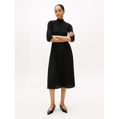 A-Linien-Kleid TOMMY HILFIGER "SLIM 5X2 RIB MIX MIDI DRS", Damen, Gr. L (40), N-Gr, schwarz, Web, Obermaterial: 95% Viskose, 5% Elasthan, unifarben, casual, figurbetont wadenlang, Langarm, Kleider Image