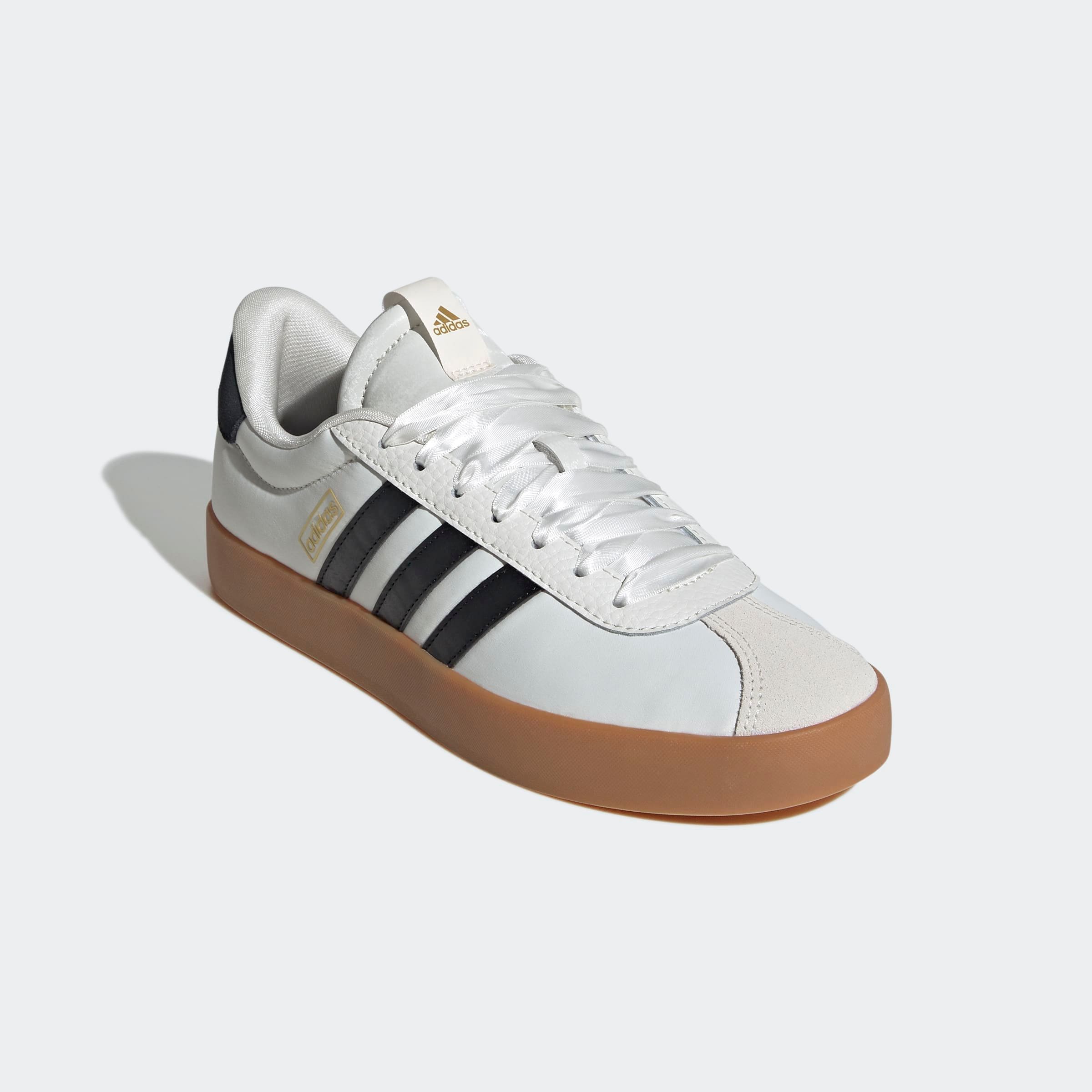 Sneaker ADIDAS SPORTSWEAR "VL COURT 3.0", Damen, Gr. 40, core weiß, core schwarz, gold metallic, Leder, Textil, Schuhe Sneaker, Design auf den Spuren des adidas Samba