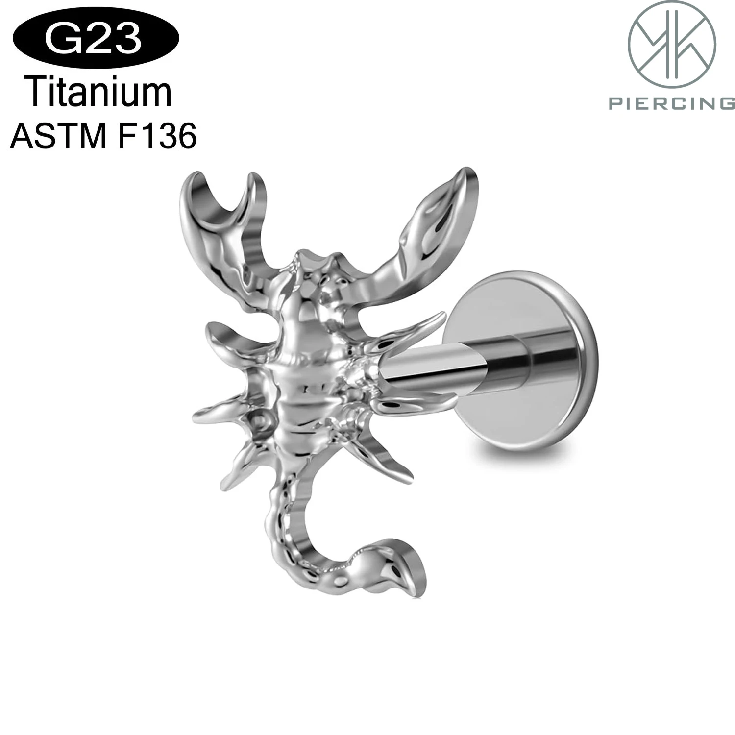 F136 Titanstab, hypoallergenes Piercing, Skorpion, flache Rückseite, Innengewinde, Lippen-Ohrstecker für Knorpel, Tragus, Helix Image