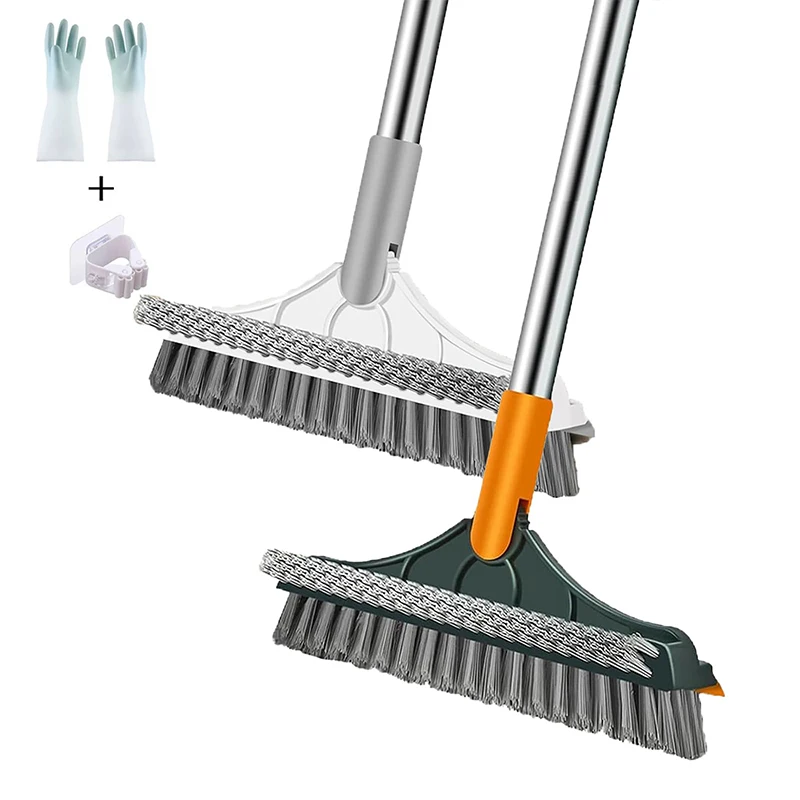 Scheuerbürste, Fliesenreiniger, Bürste mit Schaber und Quetschfunktion, 3-teilig, verstellbare Badezimmerbürste mit langen Griff, V-förmigen Borsten Image