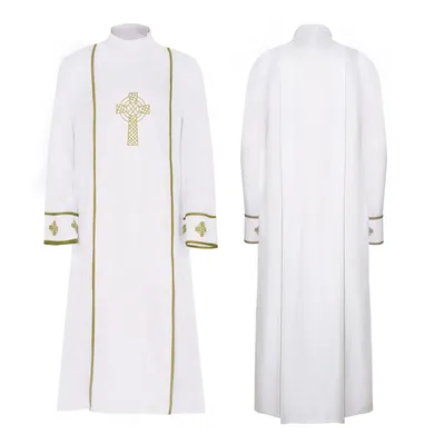 Weiße Priester-Robe, Cosplay-Kostüm, Herren, mittelalterliches gelbes Kreuz, Stehkragen, Umhang, Klerus, Bühnenaufführungs-Outfit Image