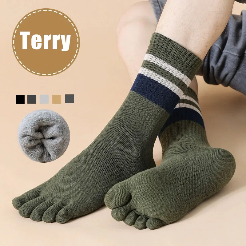 Winter-Frottee-Zehensocken für Herren, Baumwolle, gestreift, dick, weich, elastisch, geschäftlich, schweißabsorbierend, warm, Partykleid, lange Fünf-Finger-Socken Image