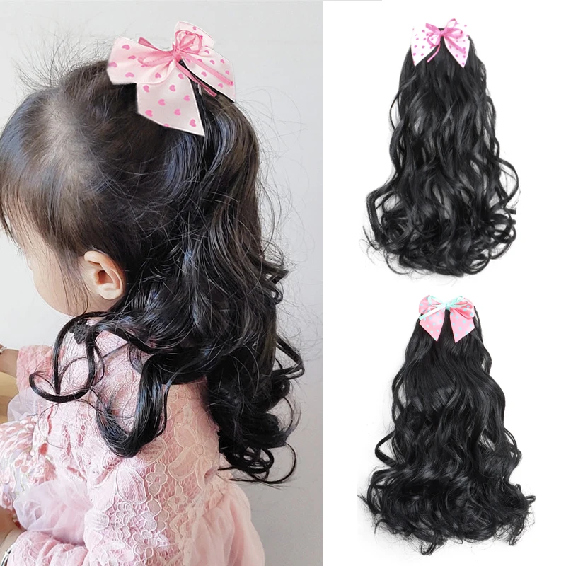 Synthetische kurze gewellte lockige Clip-in-Haar-Pferdeschwanz süße und süße Mädchen-Haarspange mit Schleife, Prinzessin, lockiges Haar-Accessoire Image