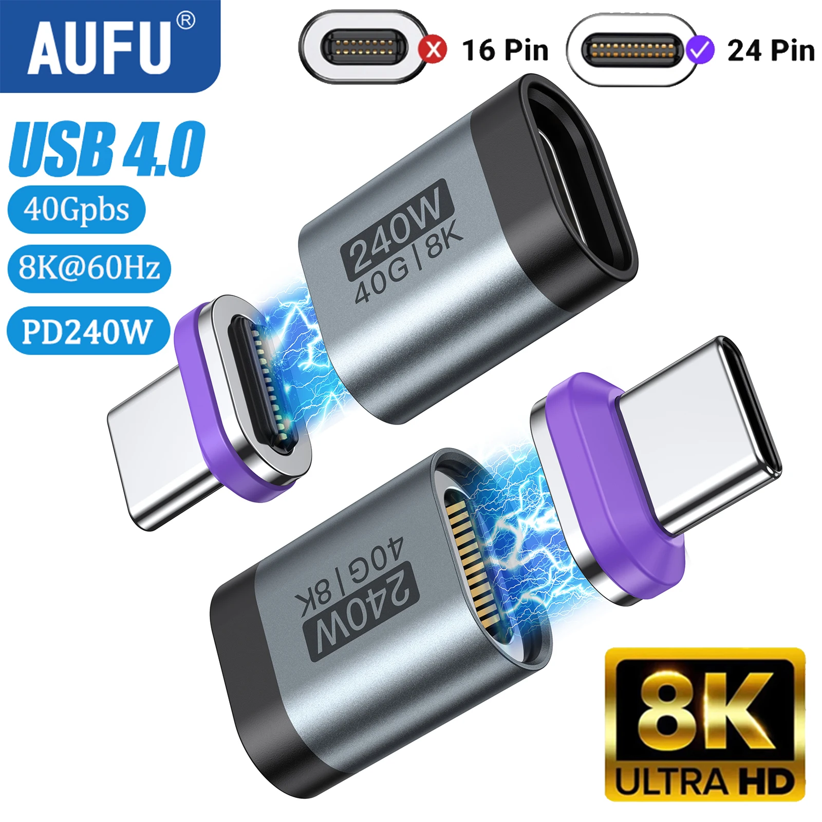 AUFU 240 W magnetischer USB-C-Adapter, schnelles Aufladen, Typ C auf USB-C-USB4-Anschluss, 40 Gbit/s, 8 K60 Hz, für Thunderbolt 4 3 iPhone 16 MacBook Image