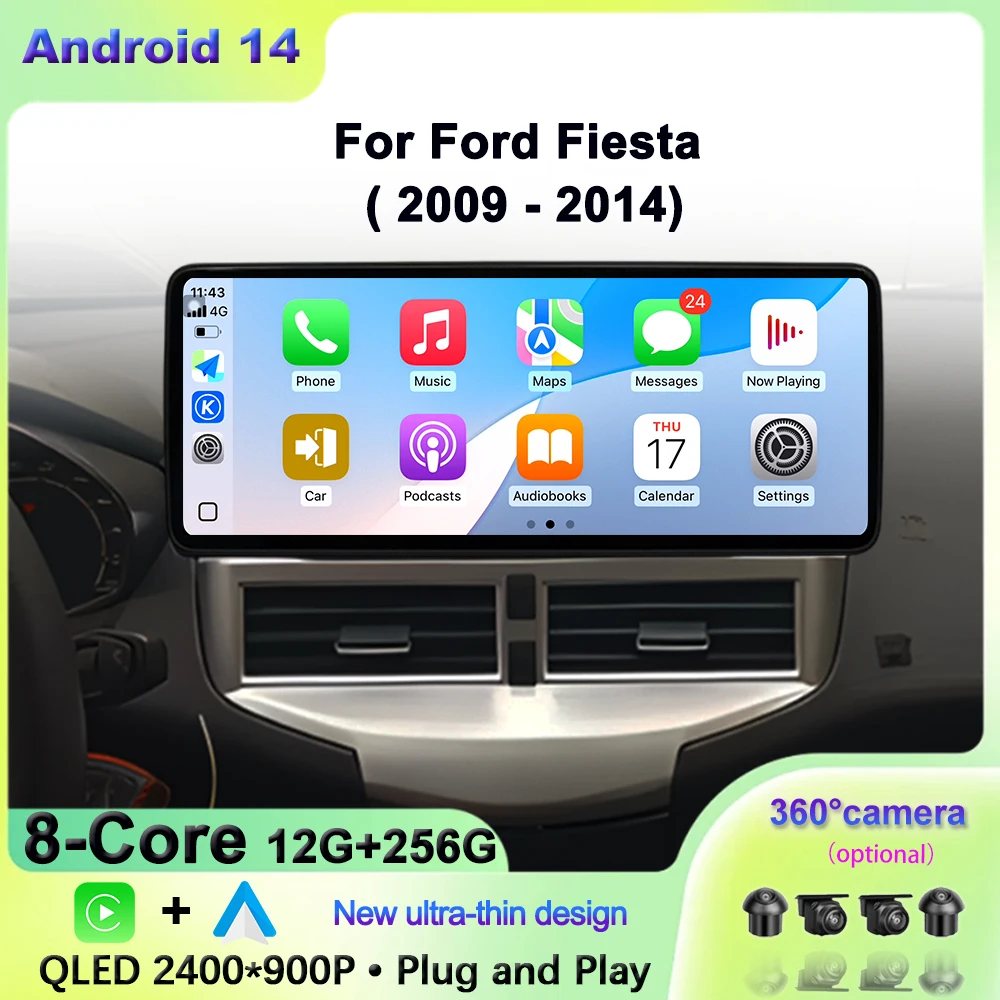 Per Ford Fiesta 2009-2014 Autoradio Lettore video multimediale Navigazione GPS Android AUTO Wireless CarPlay WIFI 4G QLED 2400*900P