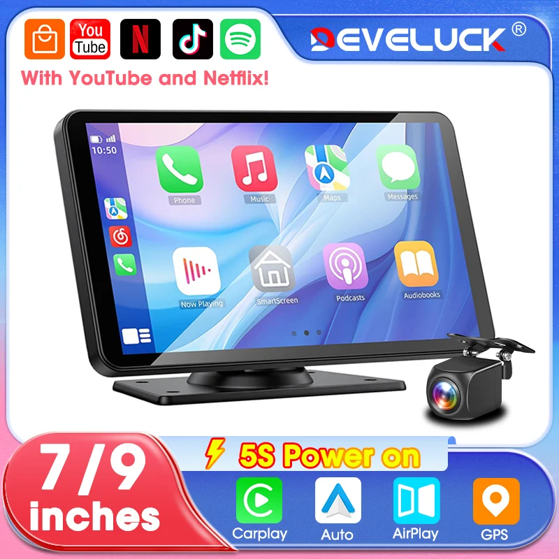 Develuck 7/9 Zoll Wireless Android Auto Carplay Bildschirm Autoradio Multimedia Video Player FM mit Youtube Tiktok Netflix Spotify Image