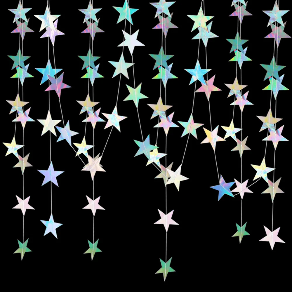 Ghirlanda di stelle di carta argento iridescente da 4 m per la decorazione da appendere alla stanza Decorazione per feste di compleanno Banner di nozze Bomboniere per baby shower