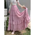 Gonna bianca con orlo arricciato a strati 2025 - Gonna lunga a trapezio fluida a vita alta, gonna estiva a strati in chiffon con pieghe