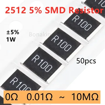 50 Stück 2512 5 % SMD-Widerstand 0,01R0,03R0,05R0,1R0,15R0,2R0,3R0,5R2R3.3R10R20R51R100R200R330R1K1,2K2,2K3,3K4,7K5,1K10K100K1MΩ Ohm Image