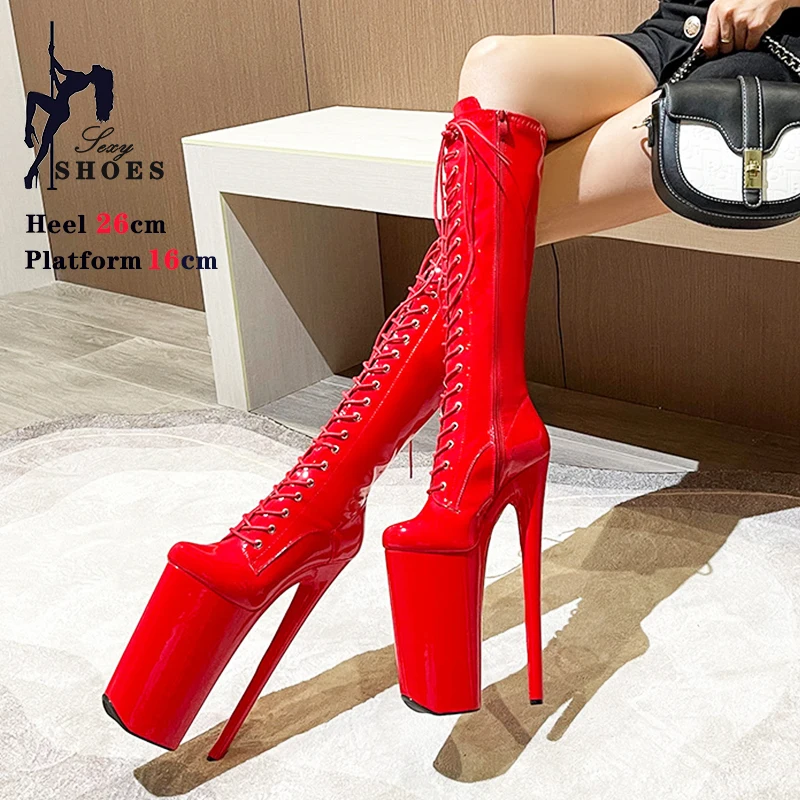 Rot 26 cm Dünne High Heels Rote Kniehohe Stiefel Frauen Plattform Cosplay Pumpen Dame Seite Spitze Nachtclub Plattformen pole Dance Schuhe