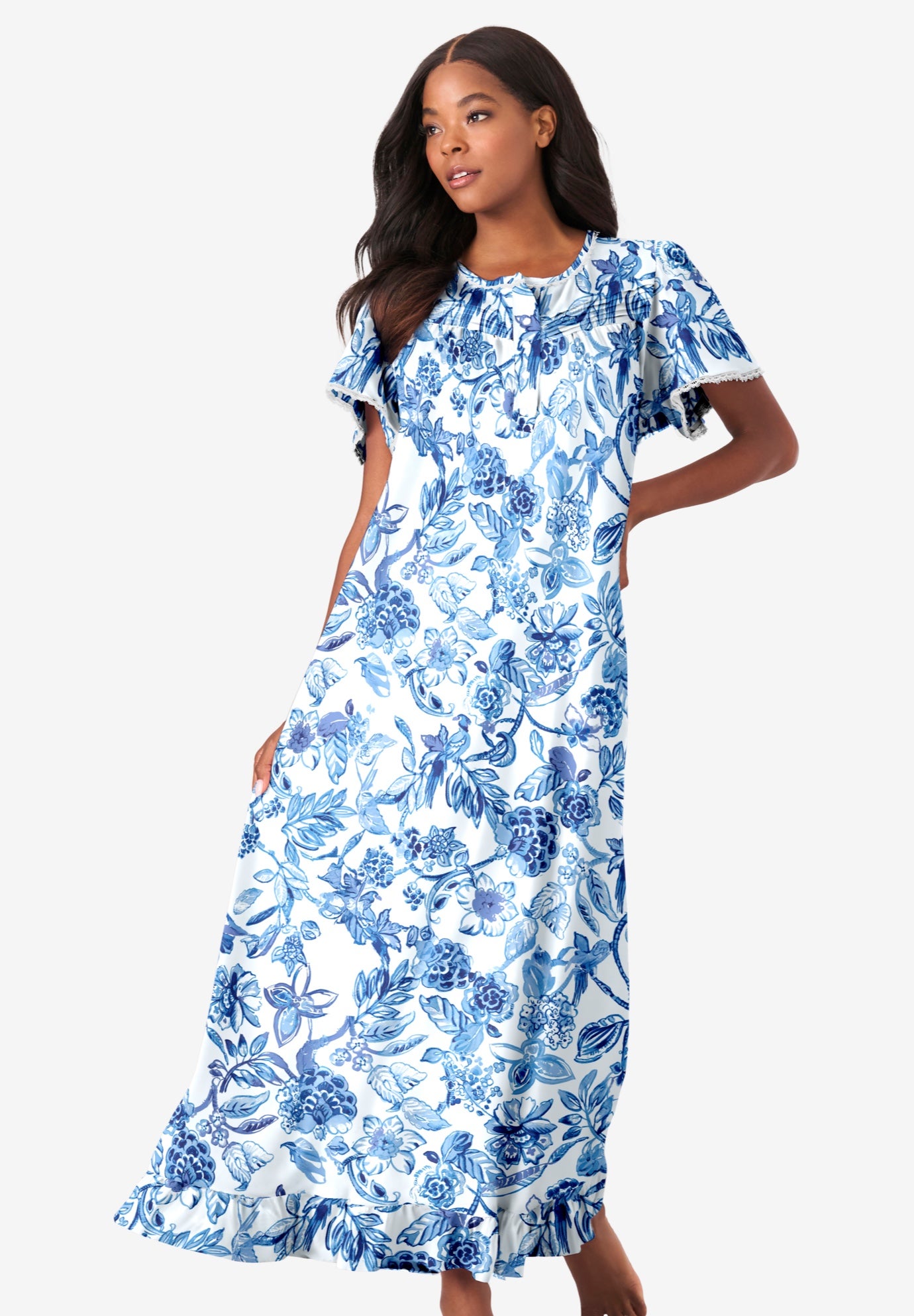 Plus Size Women's Long Floral Print Cotton Gown by Dreams & Co. in French Blue Garden (Size S) Pajamas