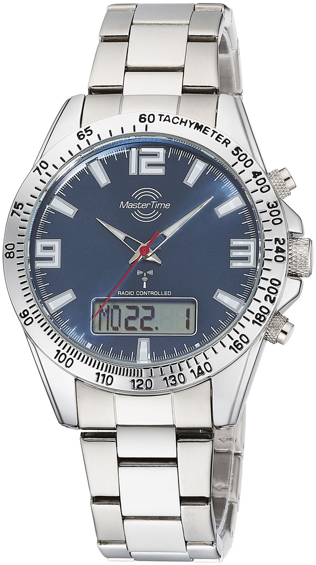 Funkchronograph MASTER TIME "Sporty", silber (silberfarben, blau), Armbanduhren, Herren, Armbanduhr, Quarzuhr, Herrenuhr, automatischer Kalender Image