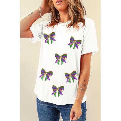 Weißes Pailletten Mardi Gras Schleifen Grafik Sweatshirt Tee Image