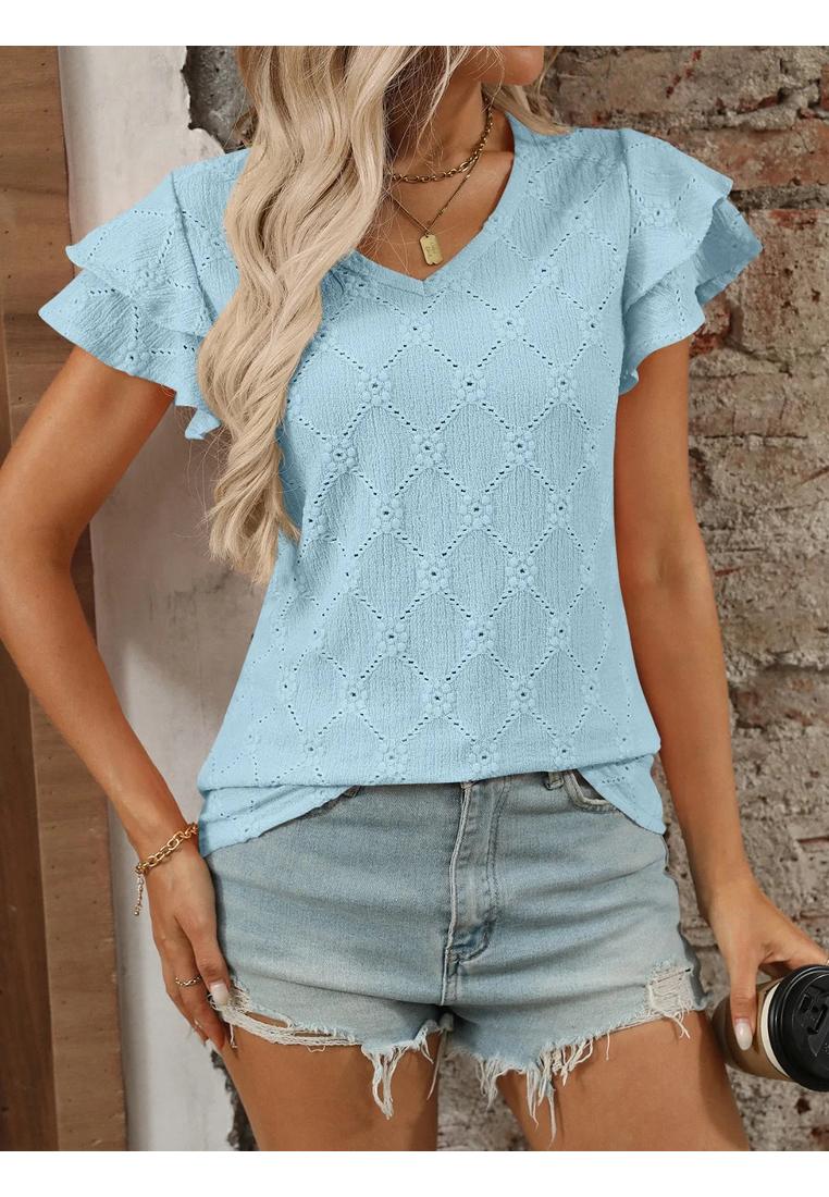 Damen V-Ausschnitt Top mit Rüsche und Augenlöchern, Cap-Ärmel Image