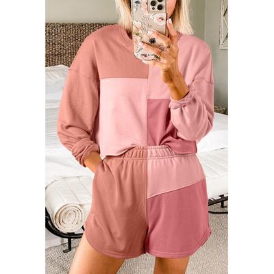 Pfirsichblüten-Farbblock-Patchwork-Langarm-Shorts-Outfit Image