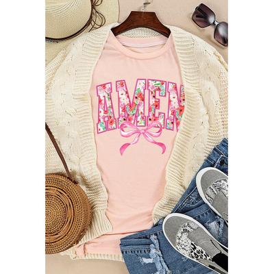 Rosa Blumen AMEN Schleifen Grafik Rundhals T-Shirt Image