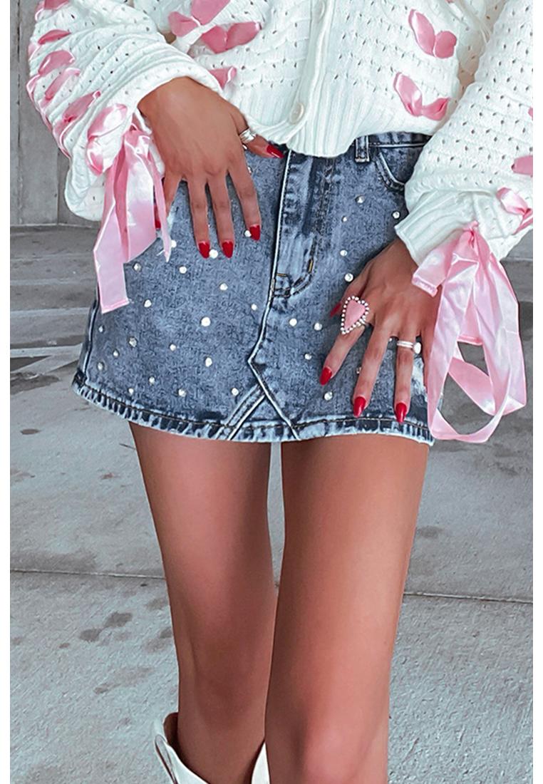 Dämmerblaues Strass-Beschädigtes Denim-Hochbund-Minirock Image