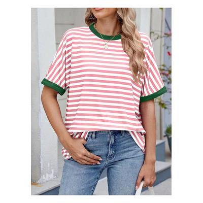 Damen gestreiftes T-Shirt mit rundem Halsausschnitt und halben Ärmeln Image