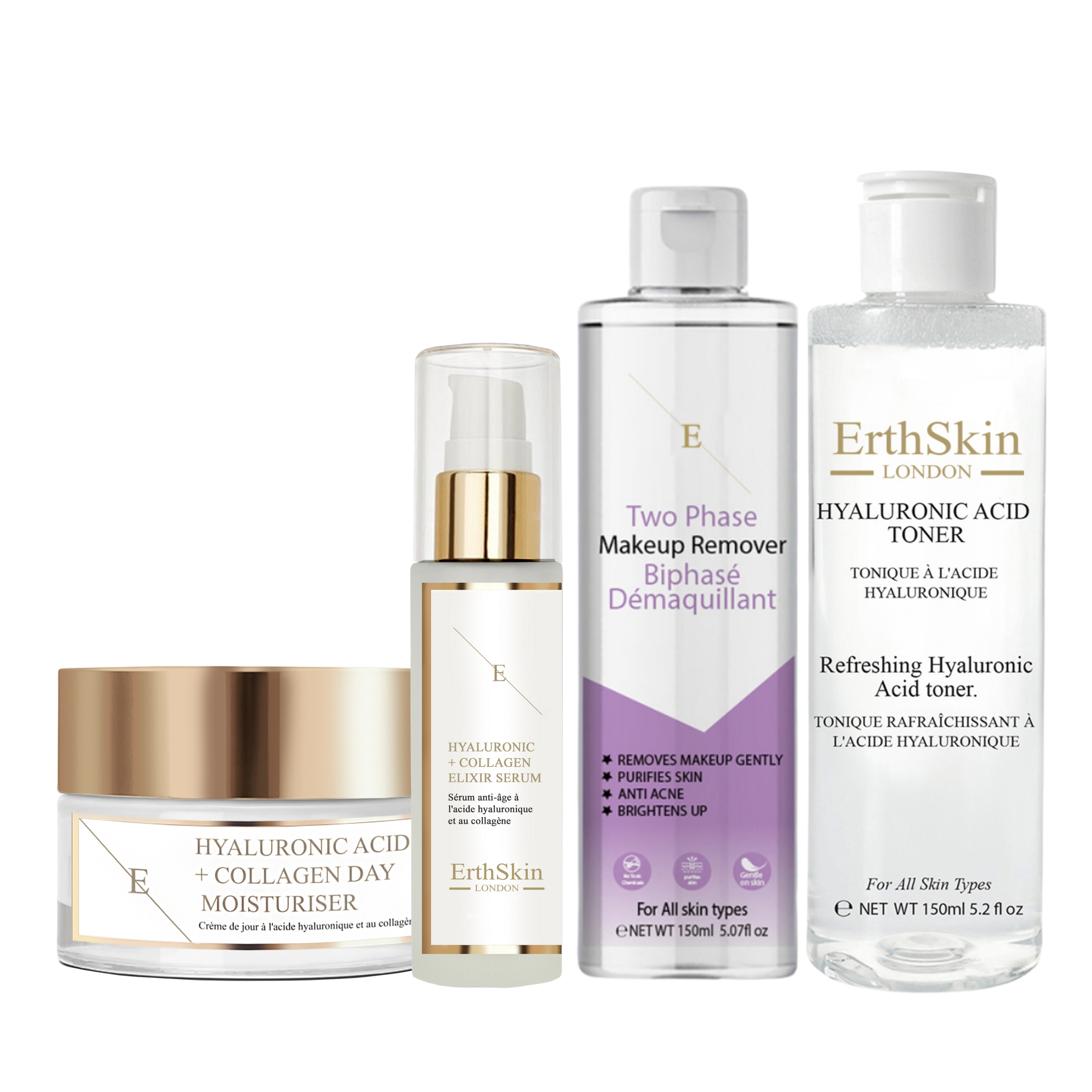 Zwei Phasen Make-up Entferner 150 ml + Erfrischendes Hyaluronsäure-Toner 150 ml + Hyaluronsäure- und Kollagenserum - 60 ml + Hyaluronsäure- und Kollagen-Gesichtscreme 50 ml Image