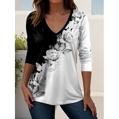 T-shirt da donna a maniche lunghe a V con tunica floreale grafica piante vintage elegante classica regolare top quotidiani per uscire nel fine settimana stampa nera e bianca nera blu marrone
