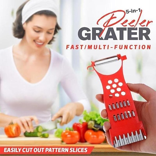 Grattugia pelapatate 5 in 1, utensile da cucina multifunzionale per triturare, affettare, grattugiare e sbucciare le verdure, pratico tagliaverdure per patate, carote, cetrioli e altro ancora.