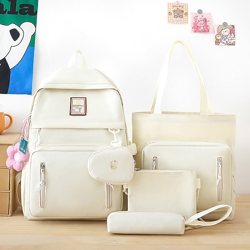 Set di zaini 5 in 1 in tinta unita per ragazze: elegante borsa scolastica blu con borsa tote, tracolla, astuccio e pochette per studenti adolescenti e per l'uso nel campus