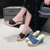 FHC 10 cm High Heels Wedges Hausschuhe, Strand-Sommerschuhe, Plateau-Slides, Flip-Flops, Slip-On, große Größe 34-42, Schwarz, Blau, Direktversand