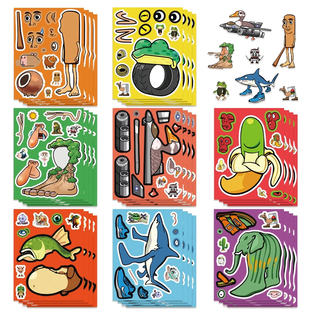 8 Blatt/Packung Puzzle-Aufkleber, italienisches Brainrot, Tung, Sahur, DIY-Puzzle zum Zusammenbauen für Telefon, Laptop, Wasserflasche, wasserfester Aufkleber Image