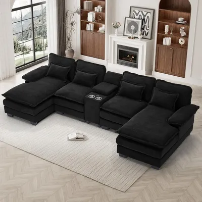 U Shaped Cloud Couch Sectional Sofa, 124" Comfy Fluffy Chenille Cloud Black Sectional Couches for Living Room with Double Chaise