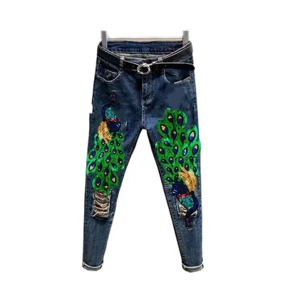 New Chinese Style Women Jeans Spring Autumn 2025 Peacock New Jeans Denim High Waisted Sequined Slim Fit Pants Small Leg Pants